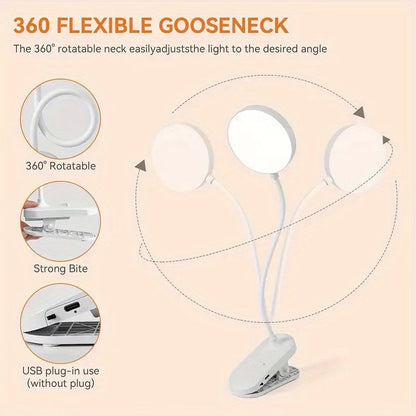 LED Desk Lamp, Touch-Controlled Clip-On Reading Light - 3 Color Temperatures, USB Rechargeable, Eye-Care Soft Light for Bedroom & Home Use