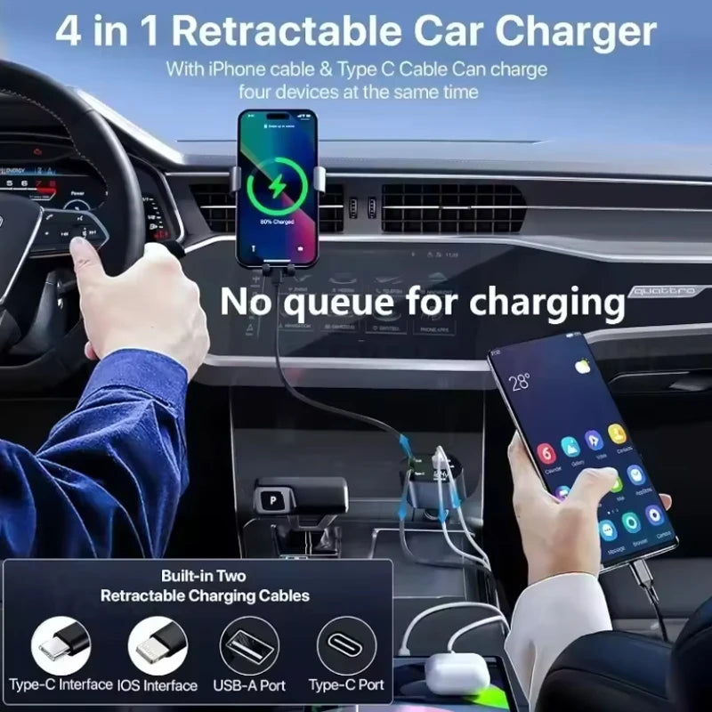 4 in 1 120W  USB Type C Fast car Charger Cable