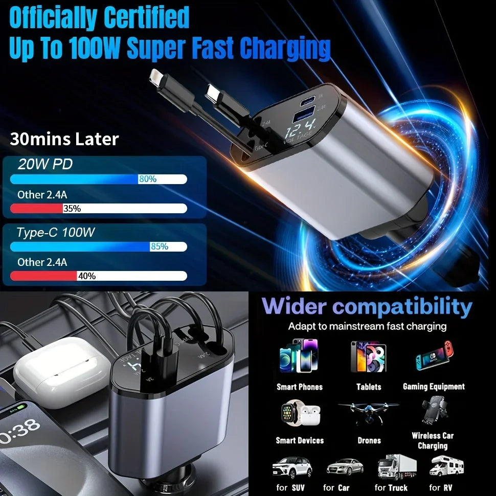 4 in 1 120W  USB Type C Fast car Charger Cable
