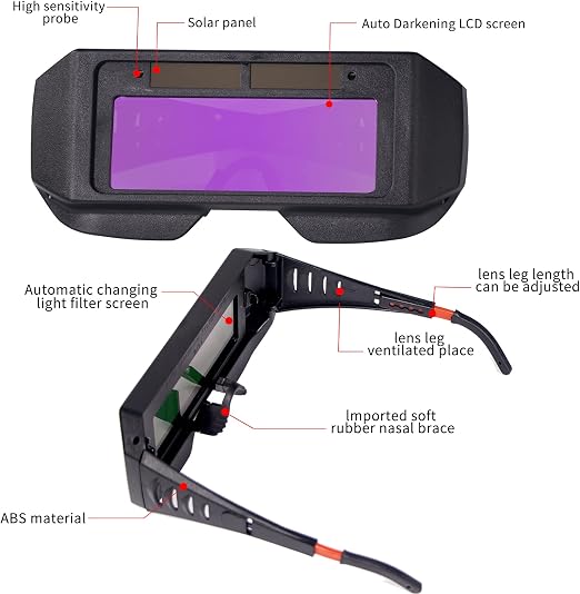 Glasses Safety Protective Solar Powered Auto Darkening Welding Goggles with Adjustable Shade, 2 Sensors Welder Glasses for TIG